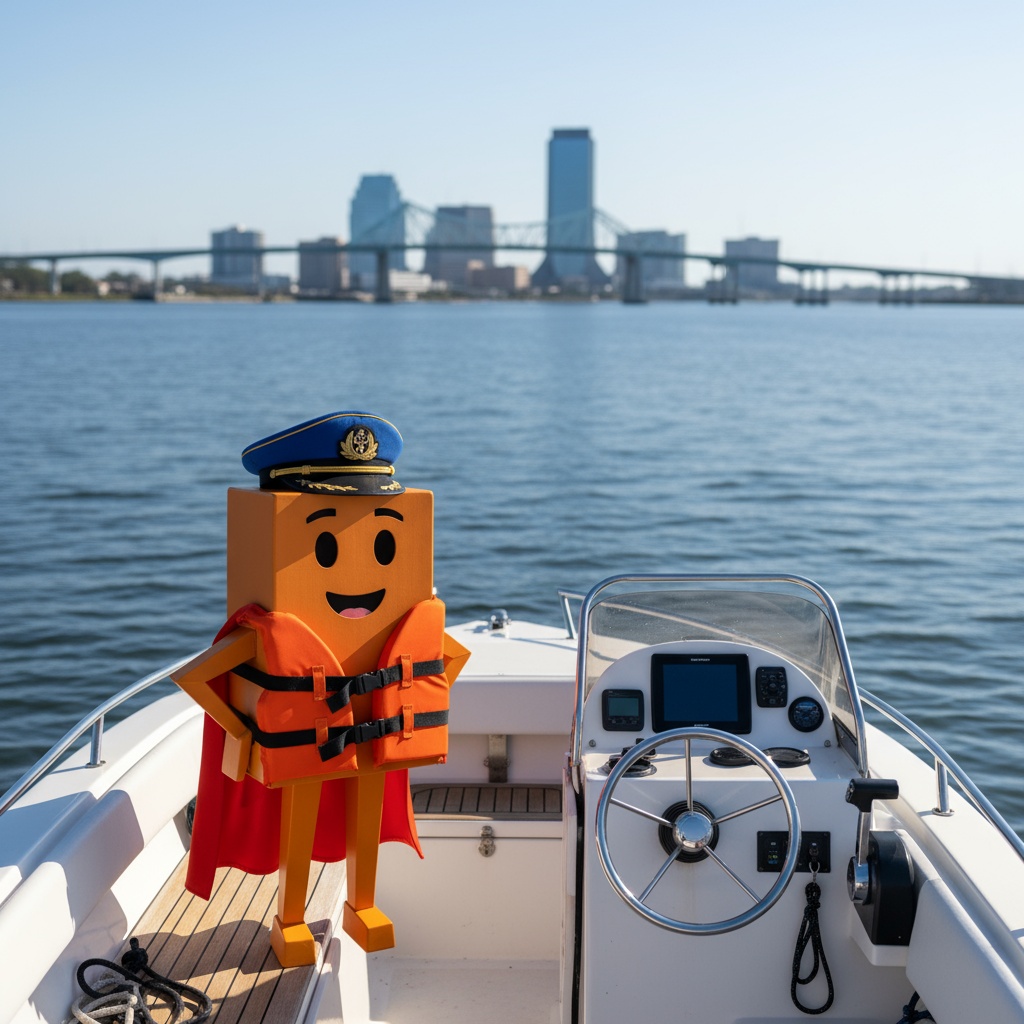 Boxy mascot on fishing boat in Jacksonville Florida representing outdoor brand 3PL fulfillment services with city skyline and St. Johns River