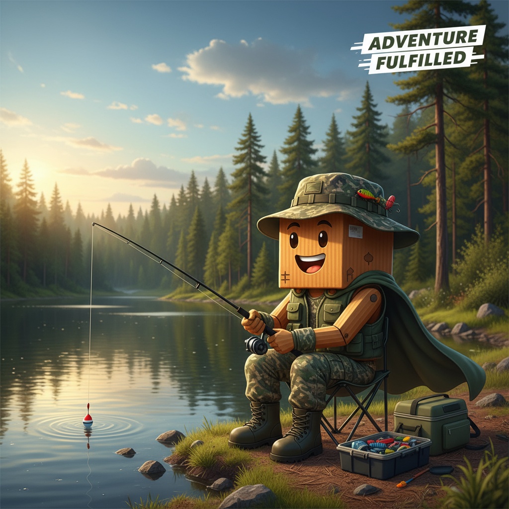 Boxy mascot in camouflage fishing gear representing outdoor brand fulfillment and 3PL services for adventure companies