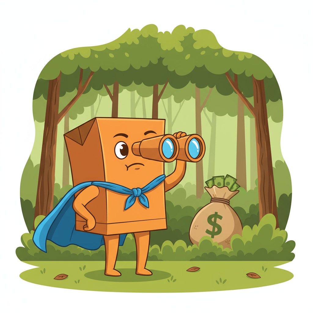 Boxy mascot with binoculars discovering hidden money in woods representing hidden costs of DIY fulfillment for outdoor brands