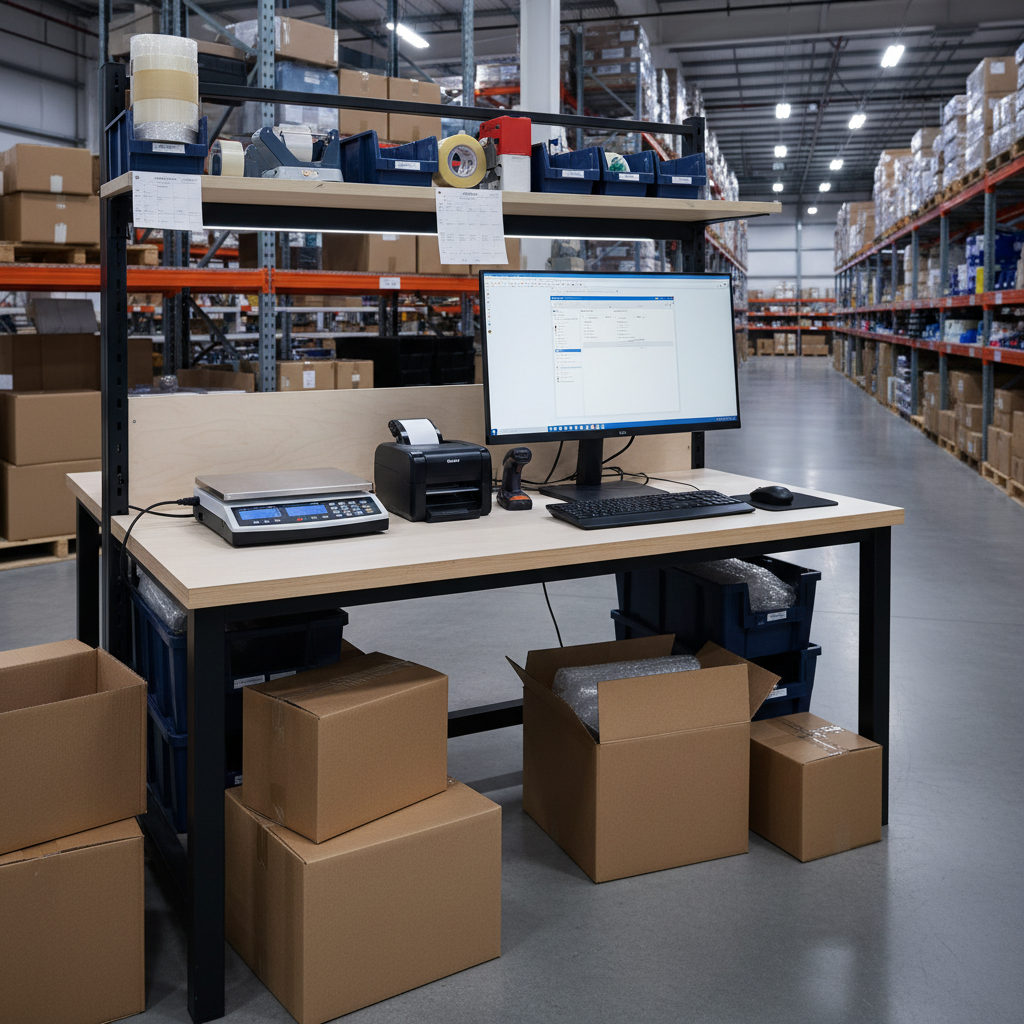 Ecommerce fulfillment pack station with shipping scale, label printer, computer monitor, keyboard, mouse, barcode scanner, and boxes ready to ship