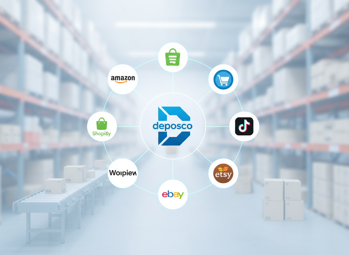 Deposco WMS at the center with integration icons for Amazon, Shopify, WooCommerce, TikTok Shop, eBay, and Etsy
