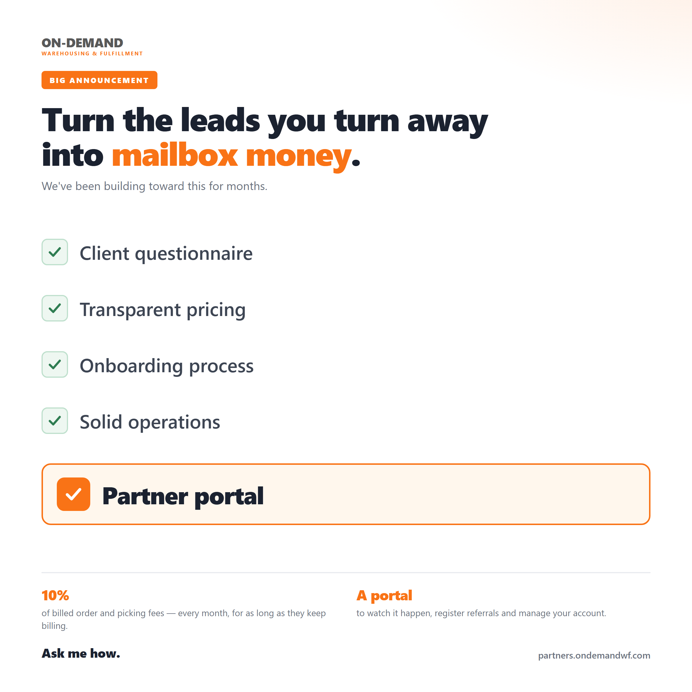 ODWF 3PL referral program announcement graphic: a completed checklist ending in Partner portal, with 10% of billed order and picking fees